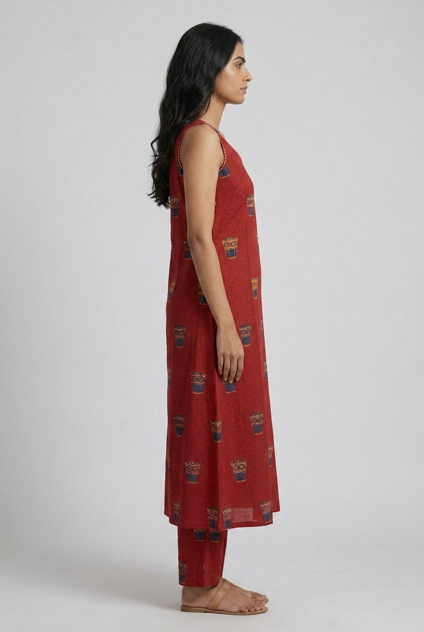 Matka Brick Red Cotton Co Ord Set Sleevless