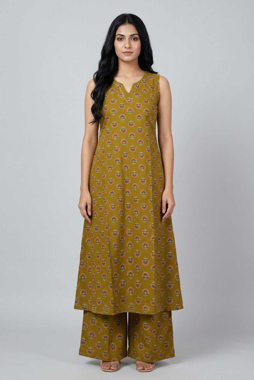 Olive Arch Cotton Sleeveless Co Ord Set