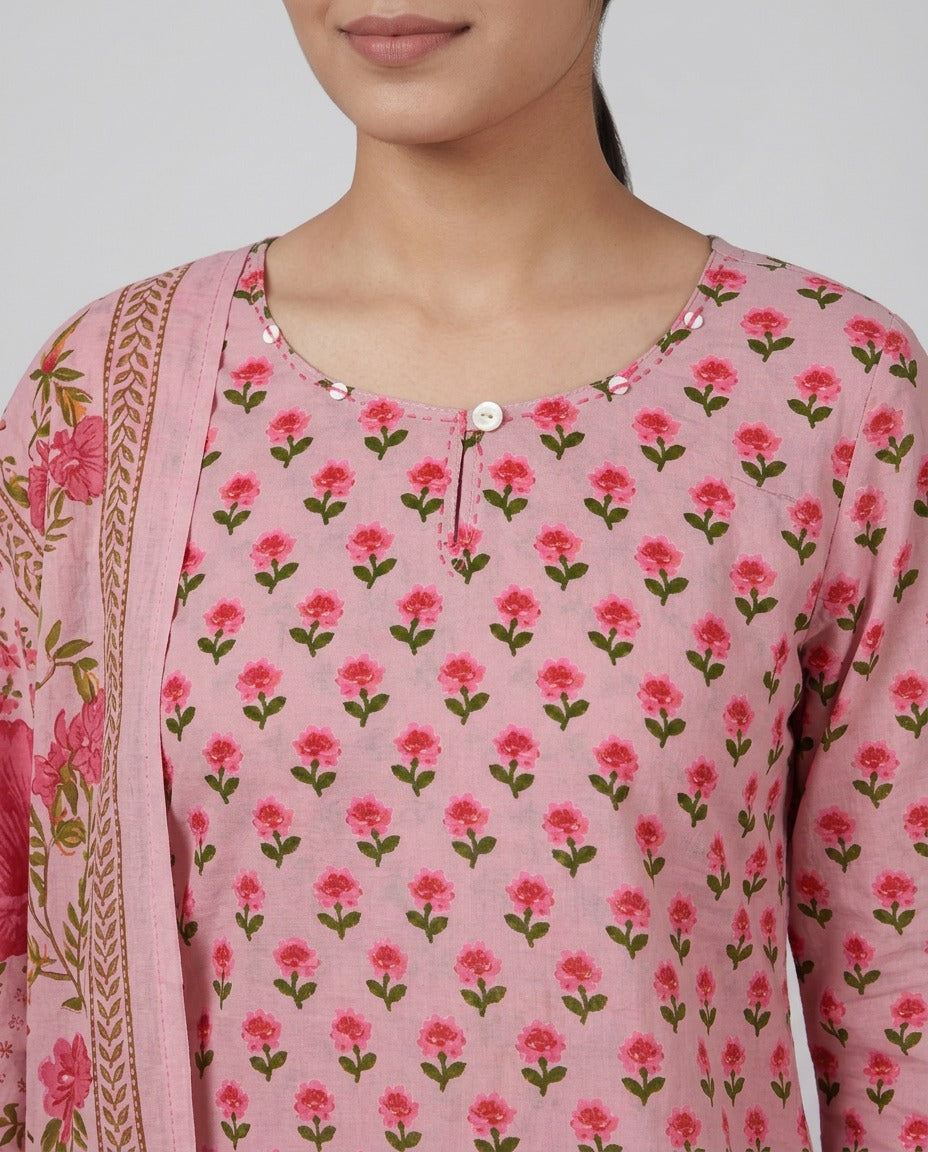 Pastel Pink Mul Cotton Kurta Set
