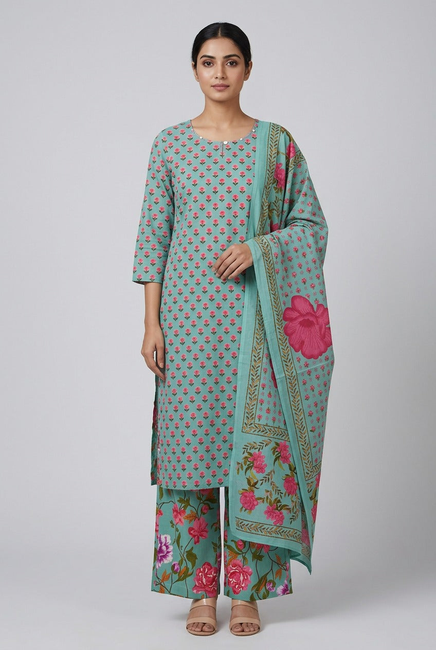 Pastel Green Mul Cotton Kurta Set