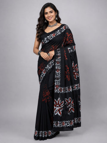 Maya Mul Cotton Black and Brown Saree