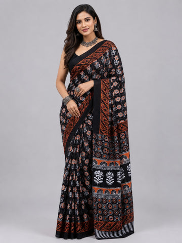 Kesari Mul Cotton Black Saree with Orange and White Motifs