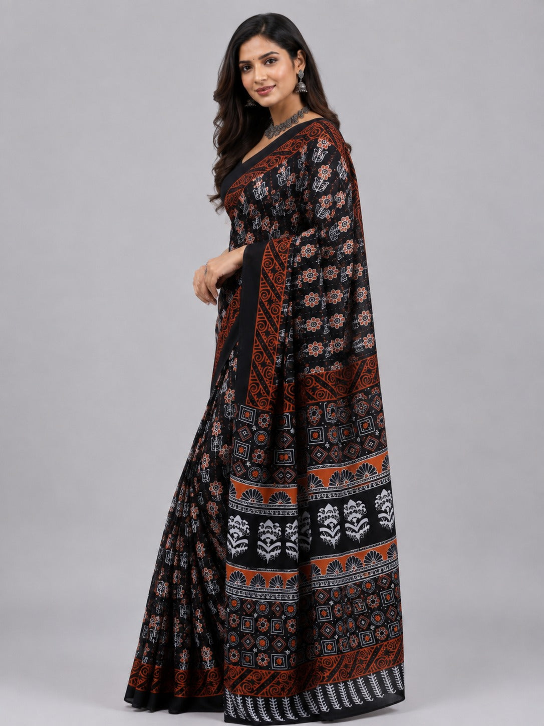 Kesari Mul Cotton Black Saree with Orange and White Motifs