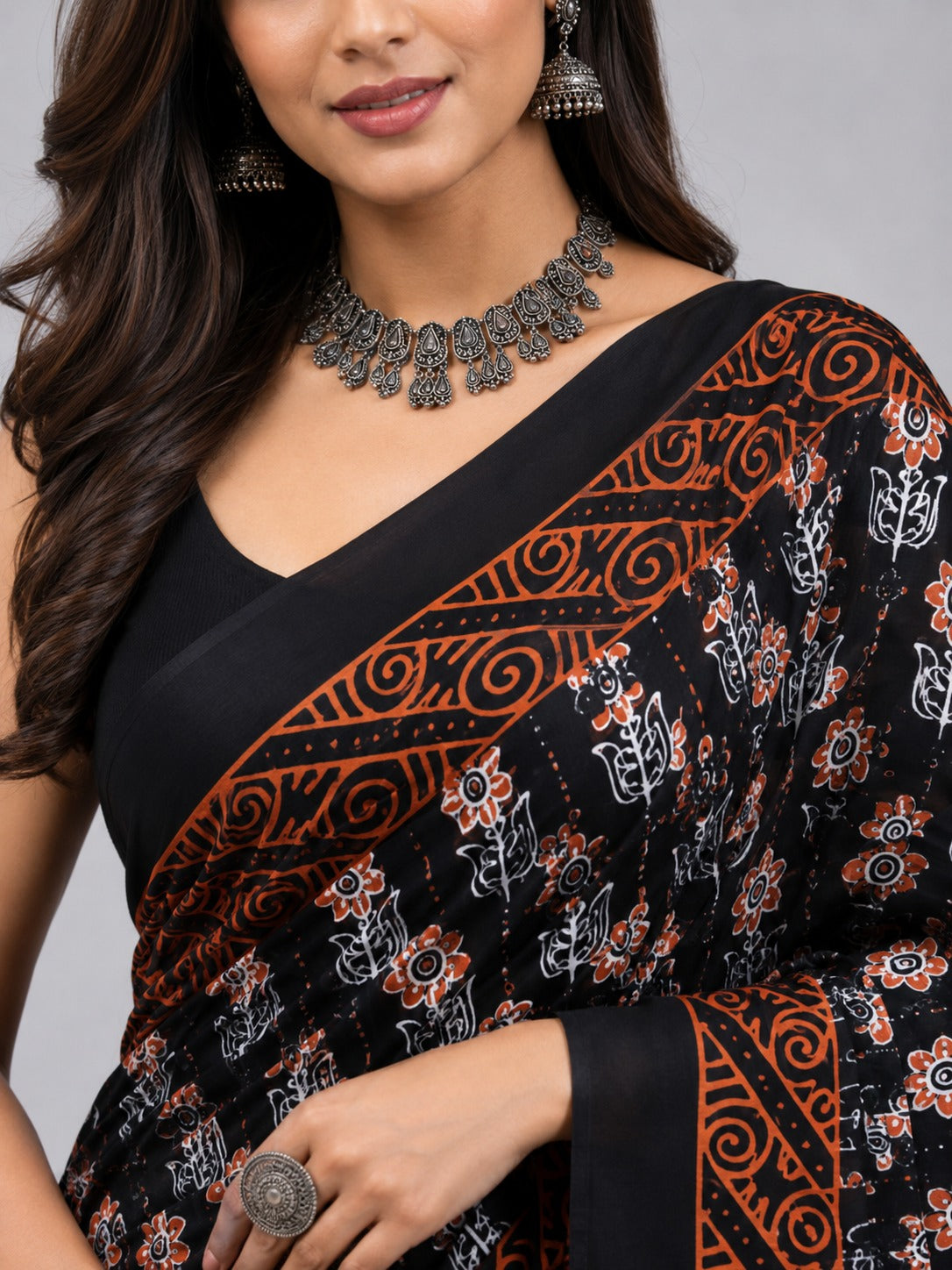 Kesari Mul Cotton Black Saree with Orange and White Motifs