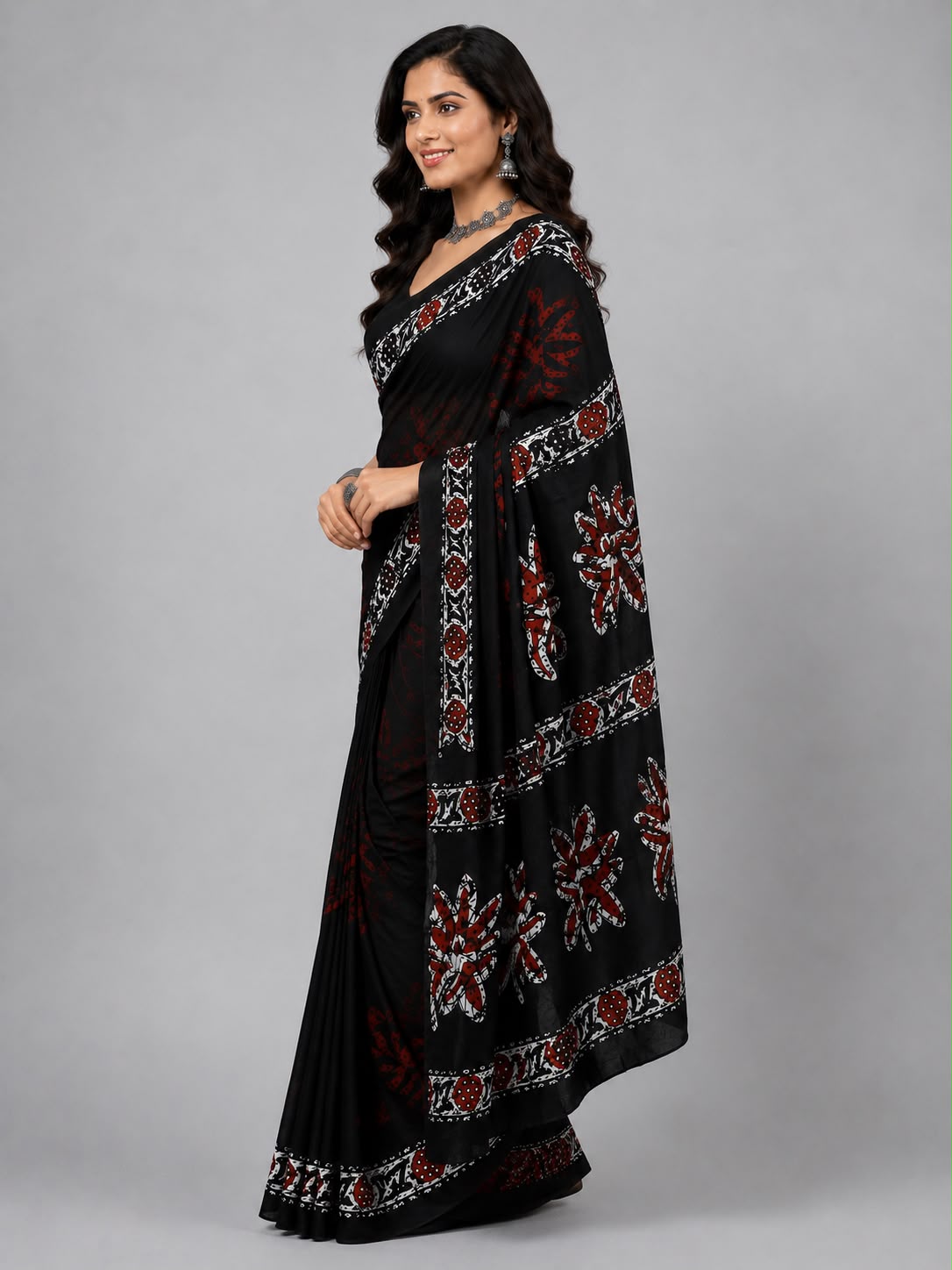 Maya Mul Cotton Black and Brown Saree