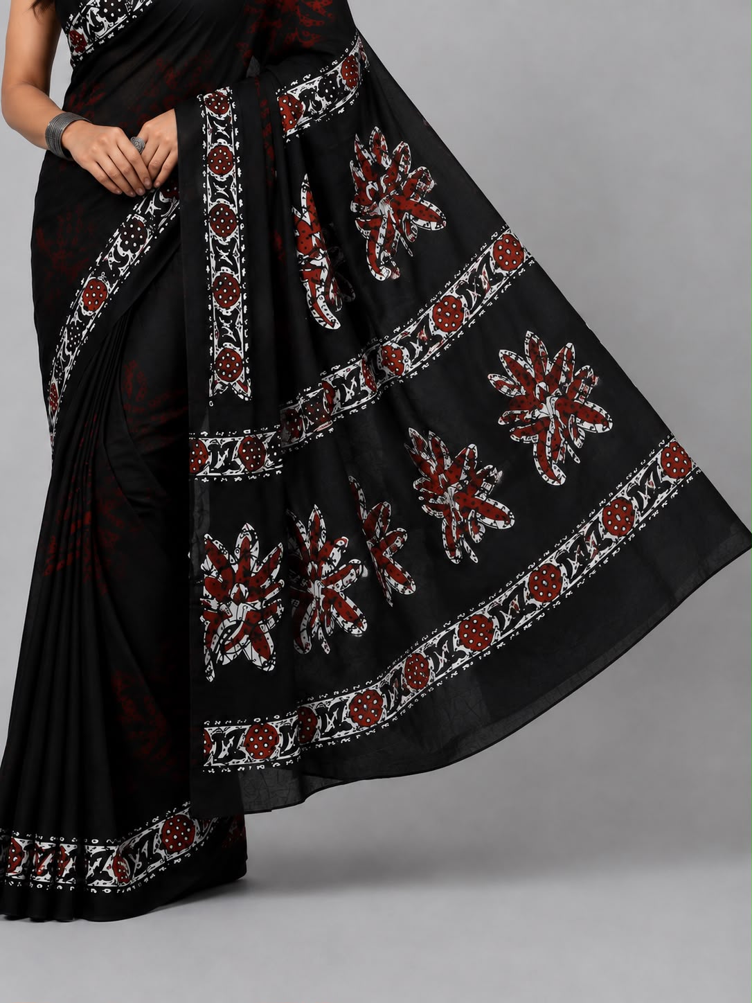Maya Mul Cotton Black and Brown Saree