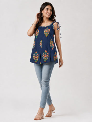 Indigo Sanganeri Shoulder Tie Short Kurtha
