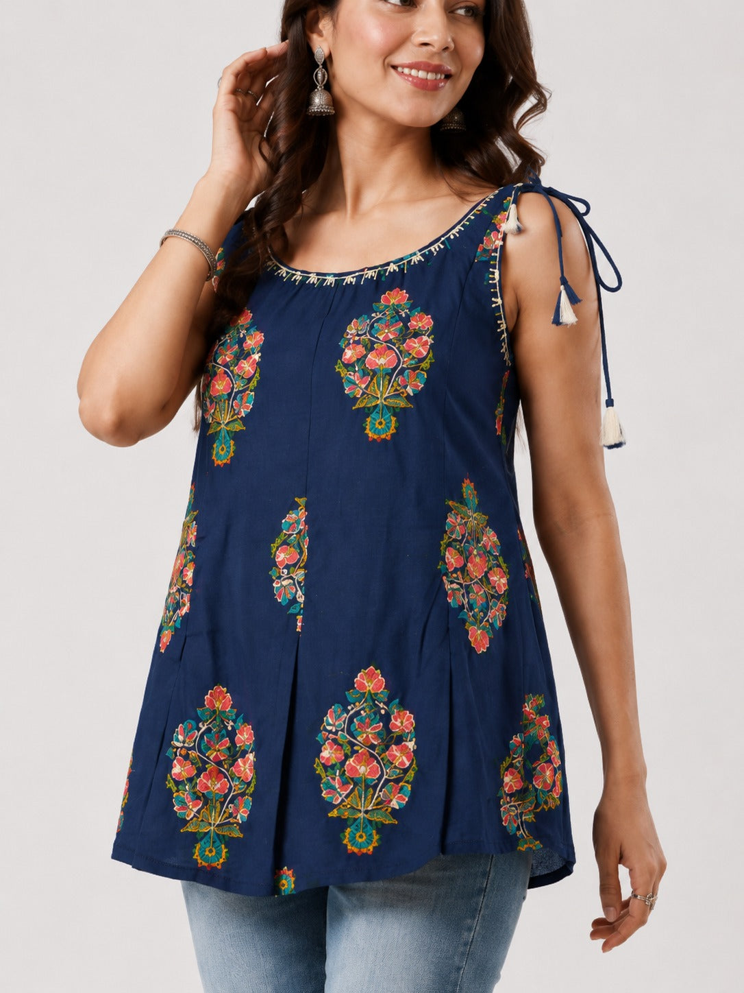 Indigo Sanganeri Shoulder Tie Short Kurtha
