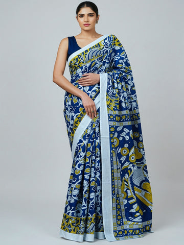 Royal Blue Kalamkari Print Cotton Saree