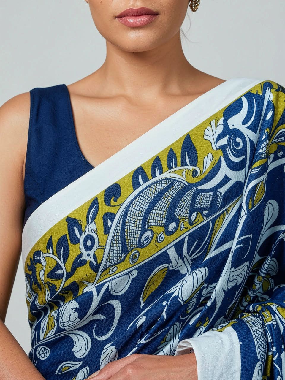 Royal Blue Kalamkari Print Cotton Saree