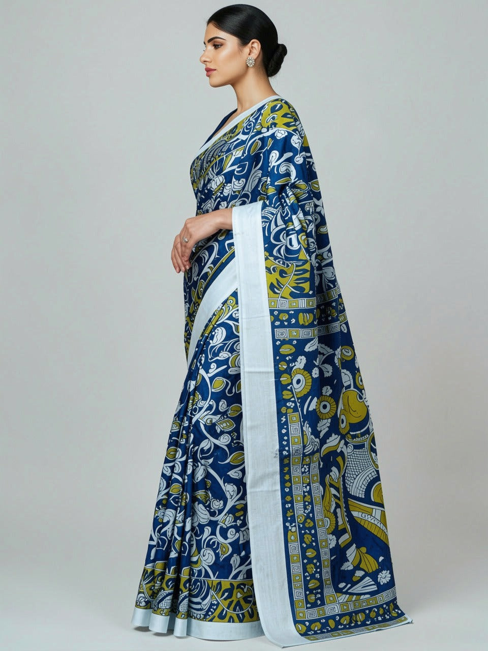 Royal Blue Kalamkari Print Cotton Saree