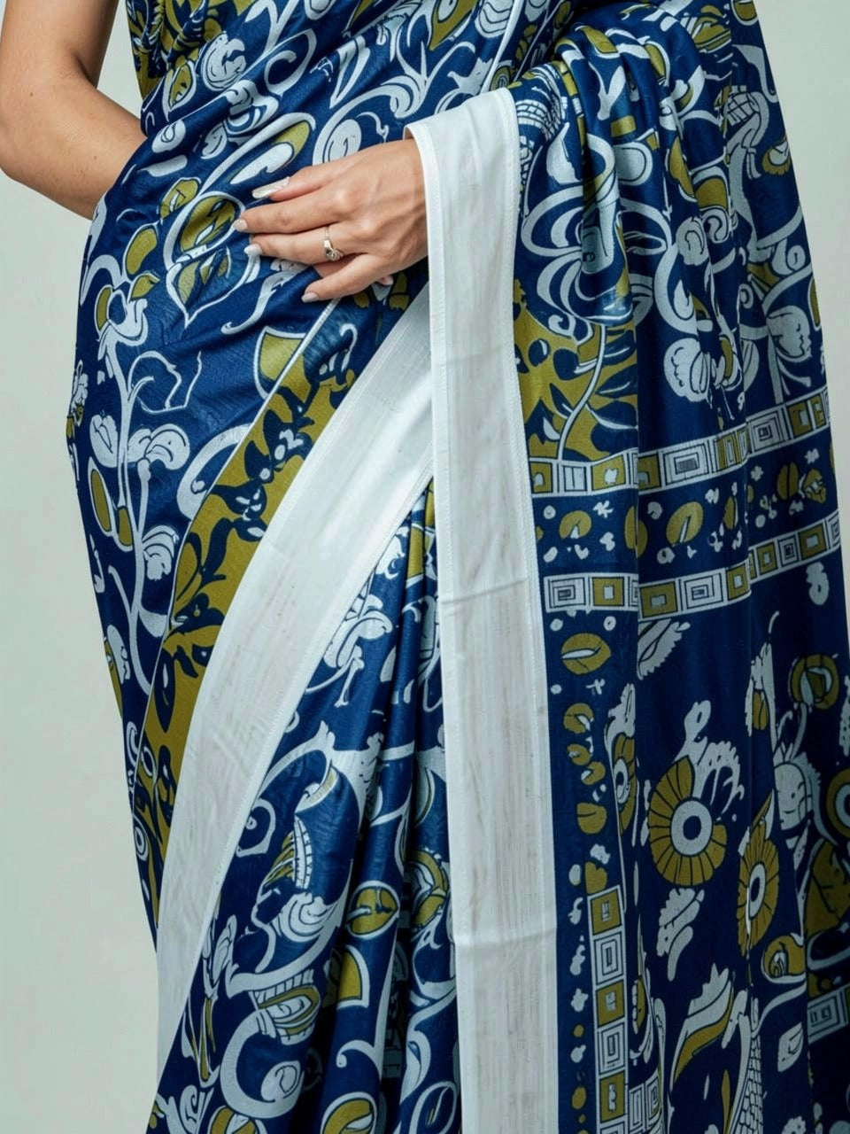 Royal Blue Kalamkari Print Cotton Saree