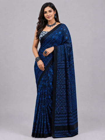 Navy Blue Mandala Print Cotton Saree