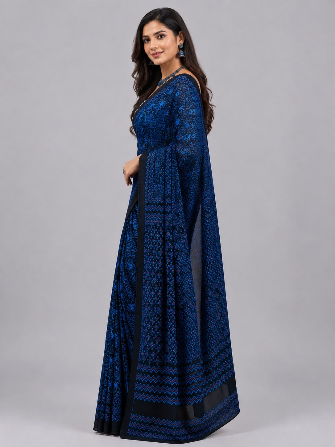 Navy Blue Mandala Print Cotton Saree