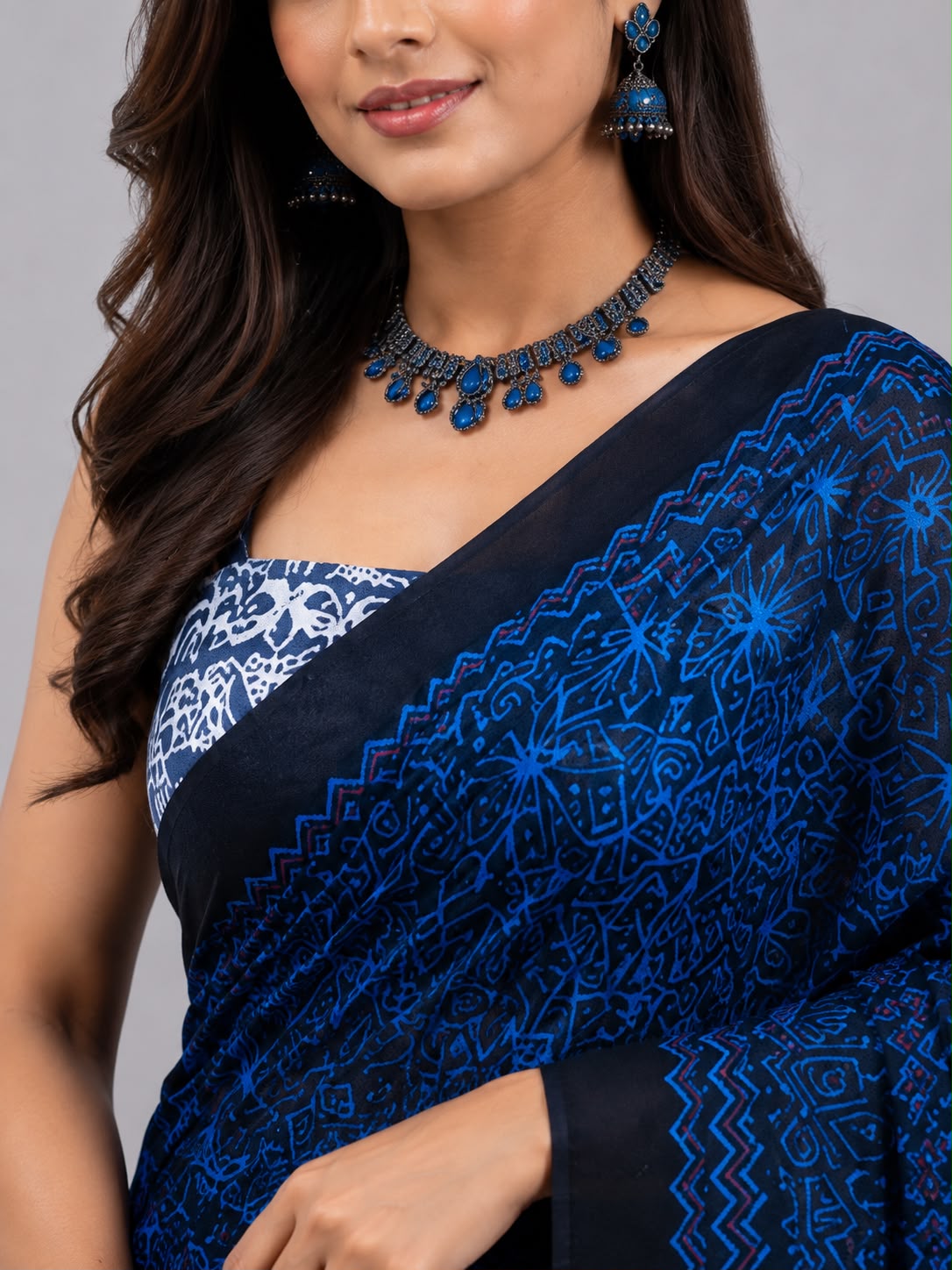 Navy Blue Mandala Print Cotton Saree