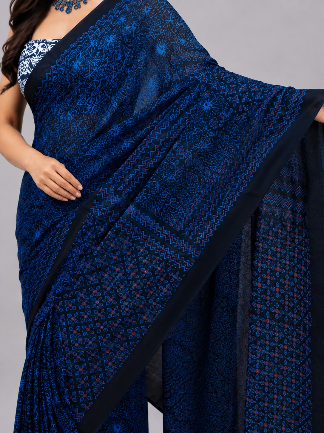 Navy Blue Mandala Print Cotton Saree