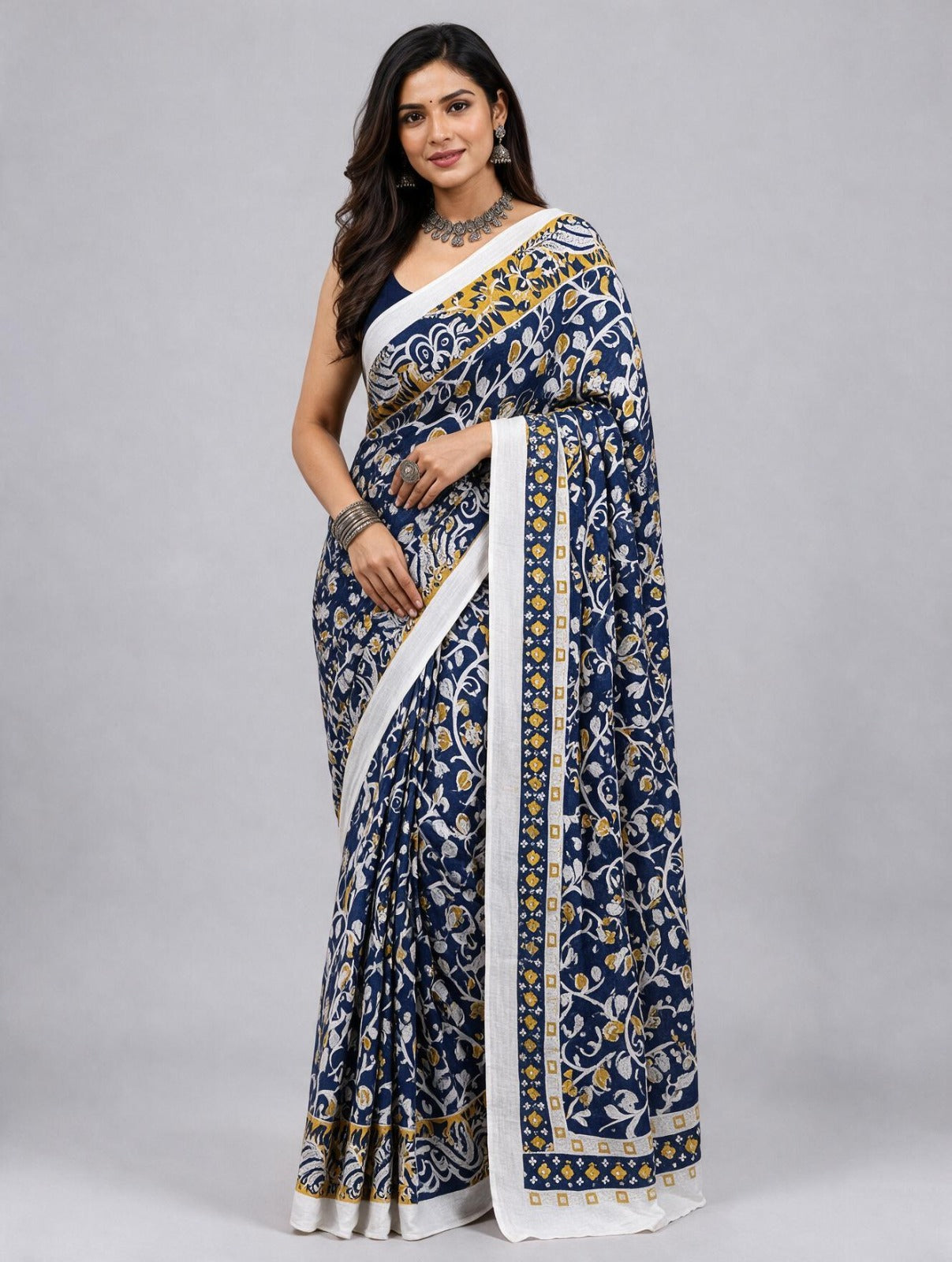 Navy Blue Kalamkari Cotton Saree