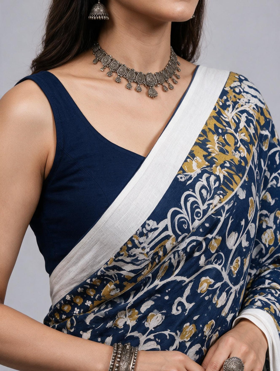Navy Blue Kalamkari Cotton Saree