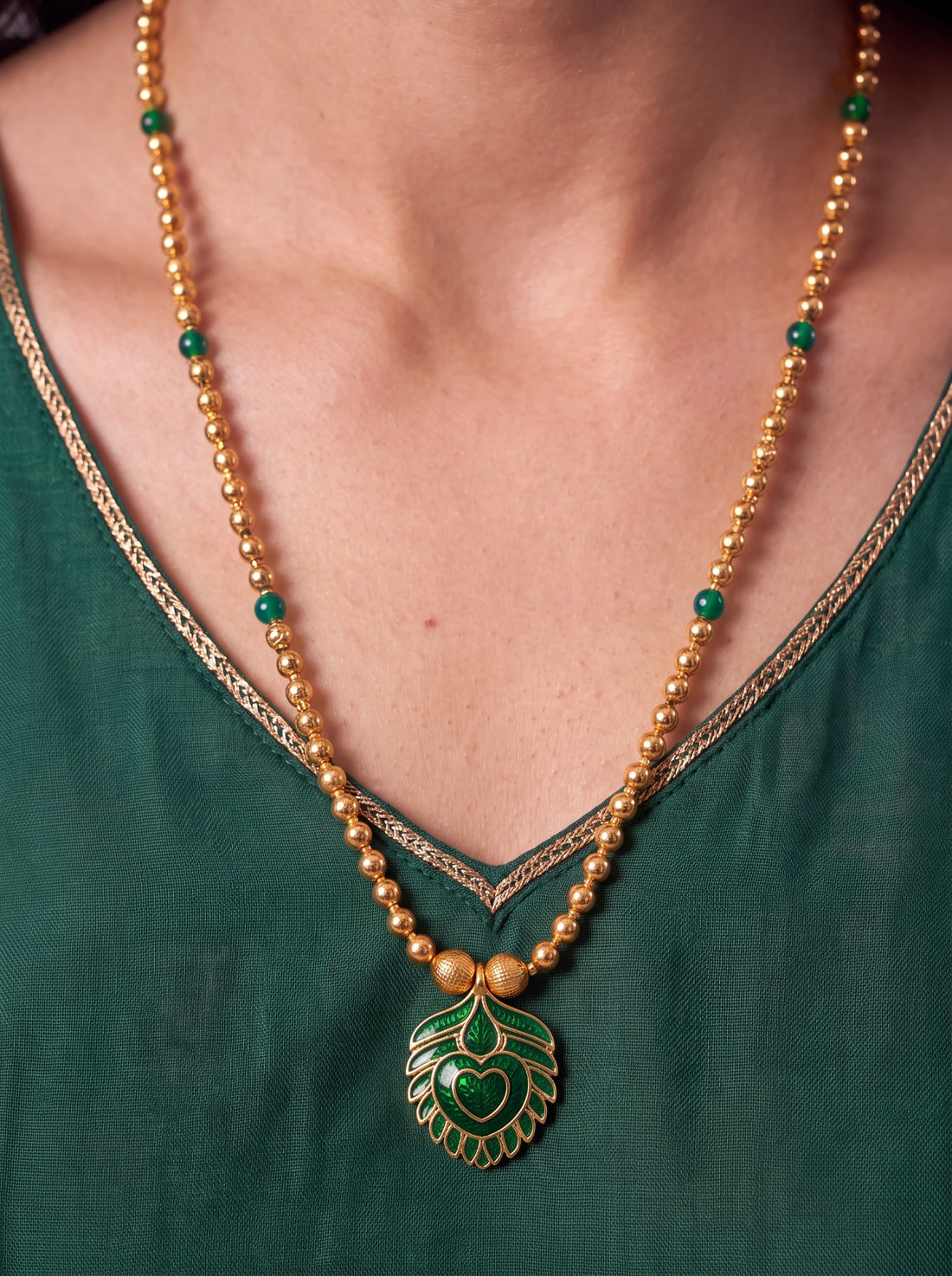 Mani Mala With Green Leaf Pendant