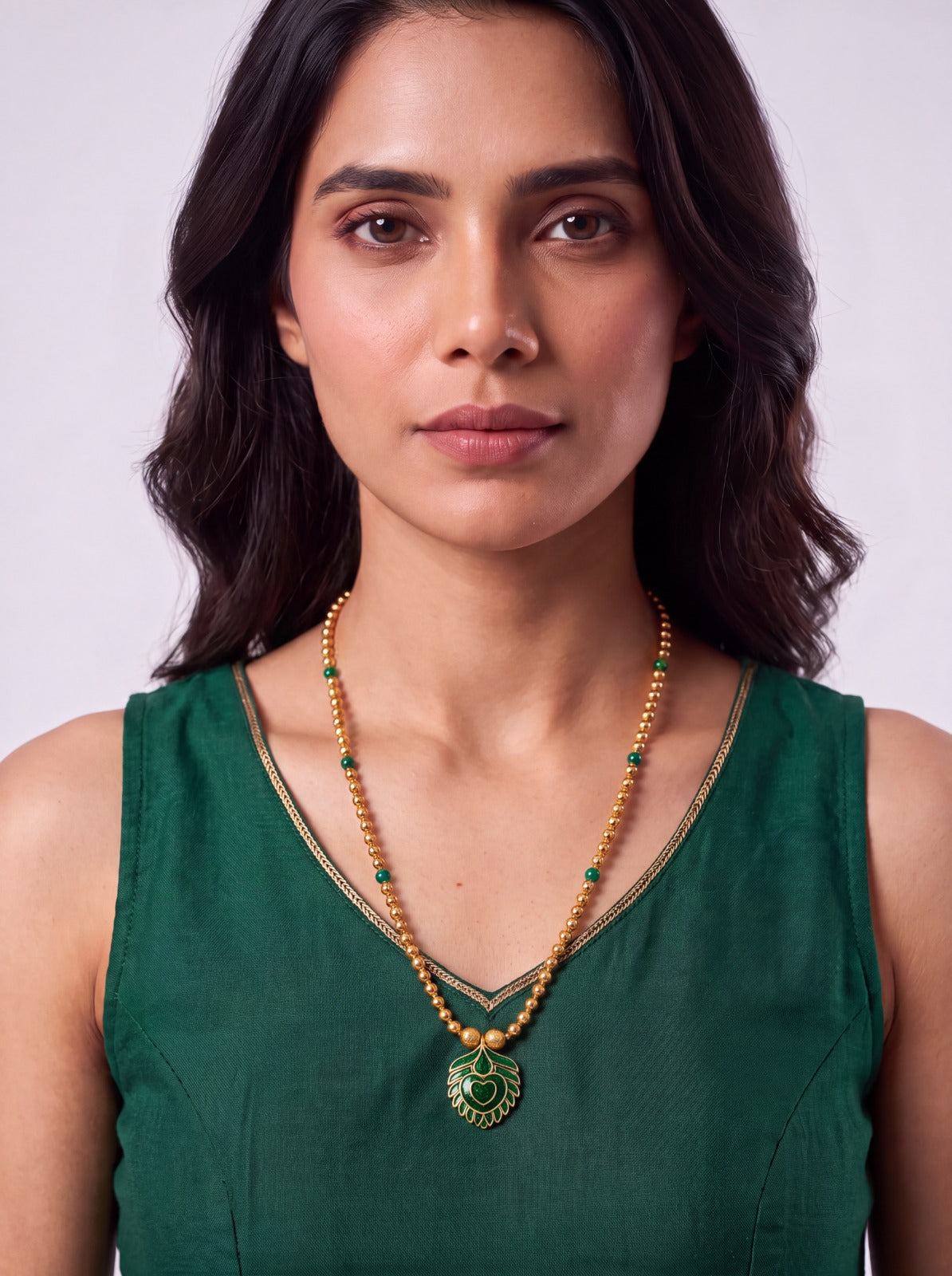 Mani Mala With Green Leaf Pendant