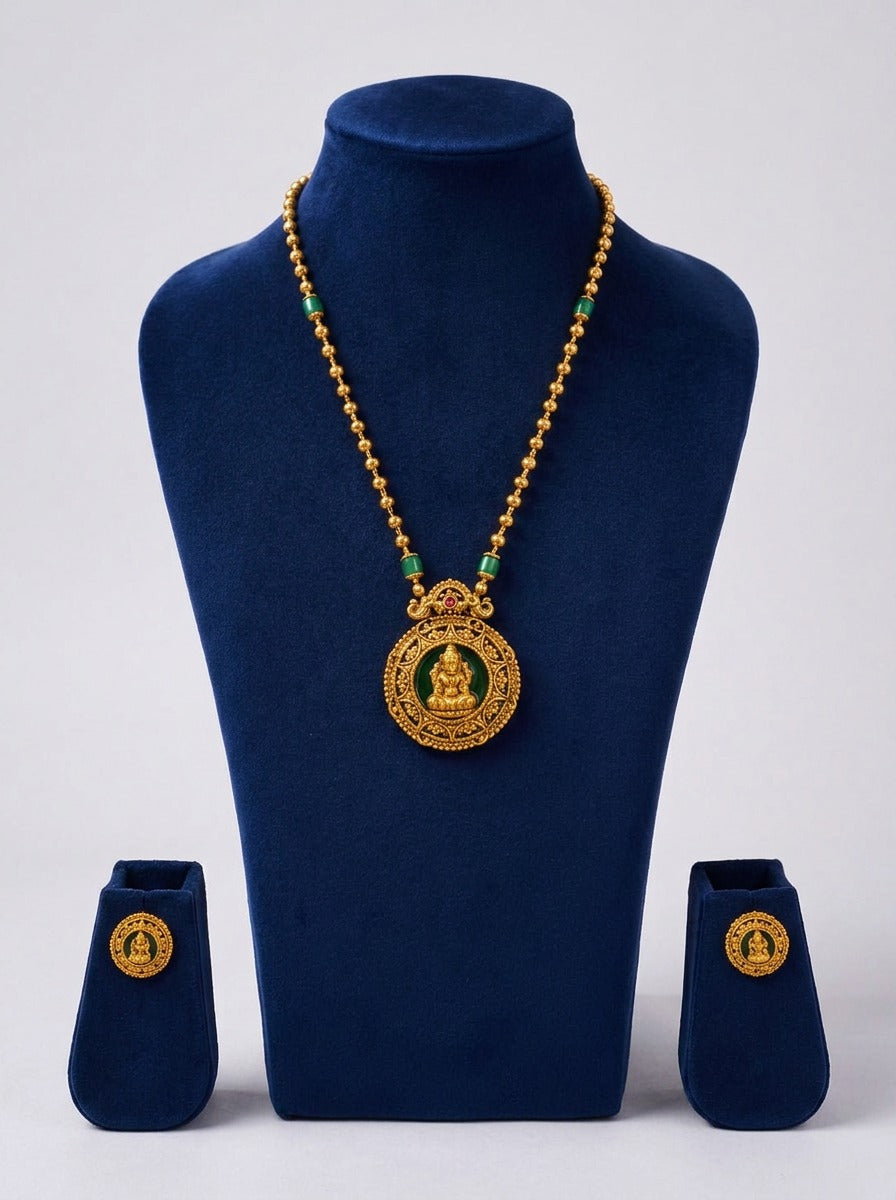 Green Beads Lakshmi Pendent Mala With Earrings.