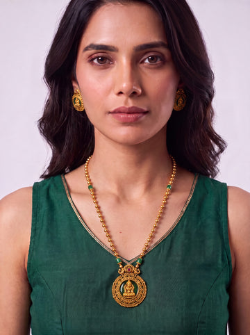 Green Beads Lakshmi Pendent Mala With Earrings.