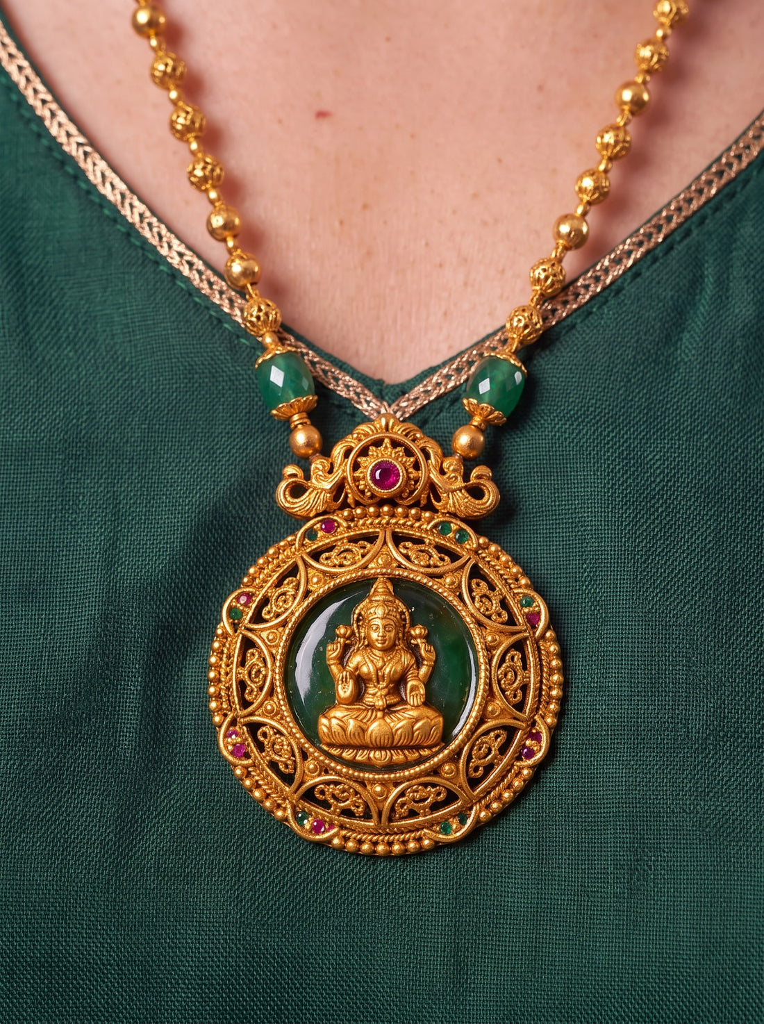 Green Beads Lakshmi Pendent Mala With Earrings.