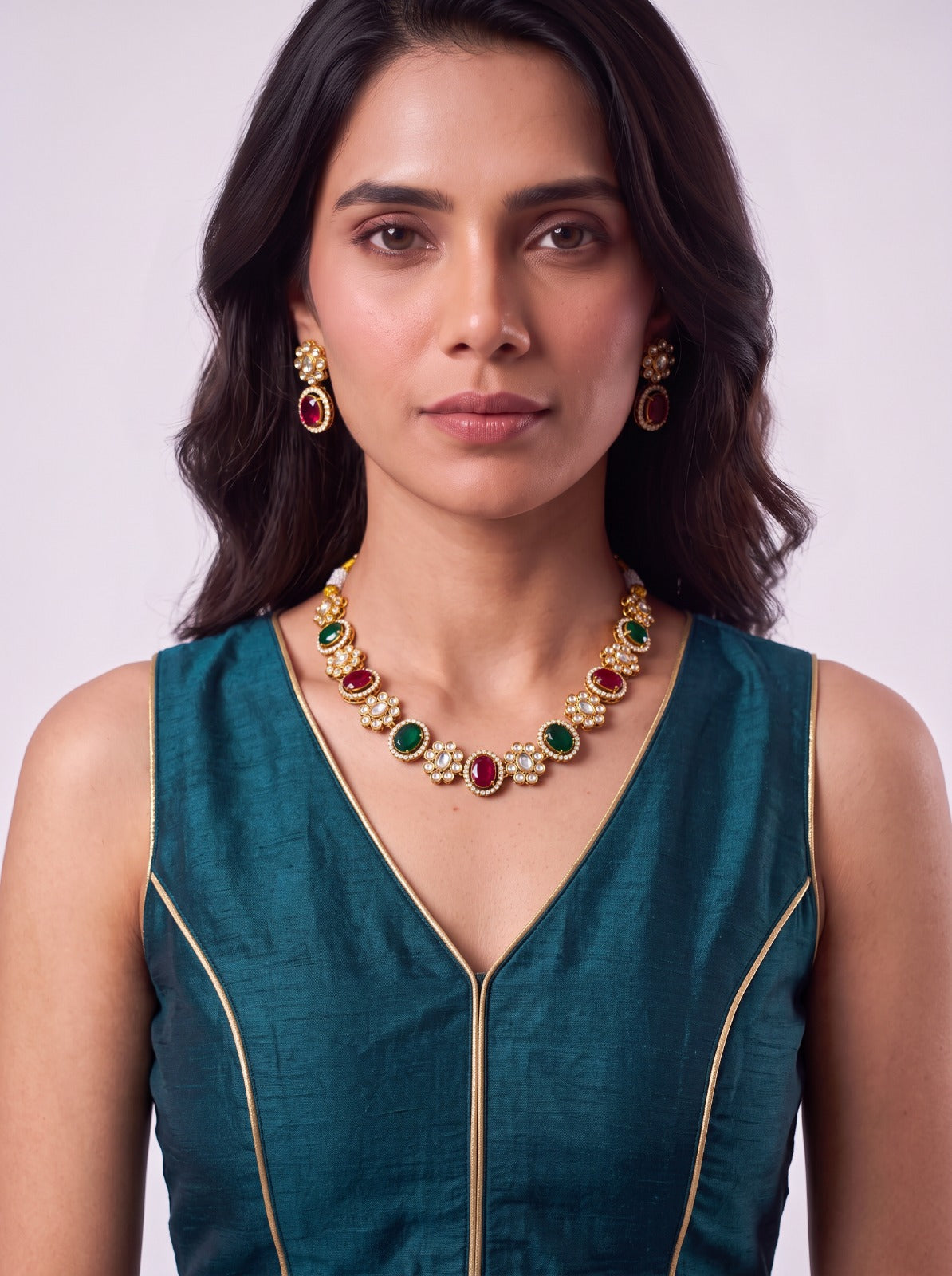 Multistone American Diamond Necklace With Earings