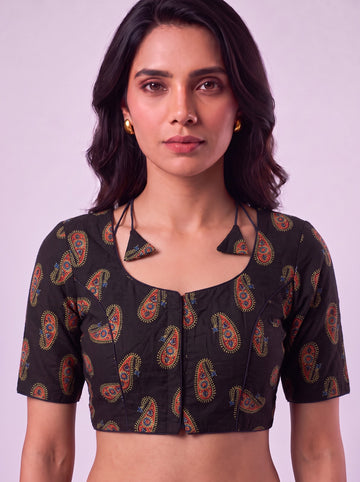 Black Buta Mango Print Cotton Readymade Blouse