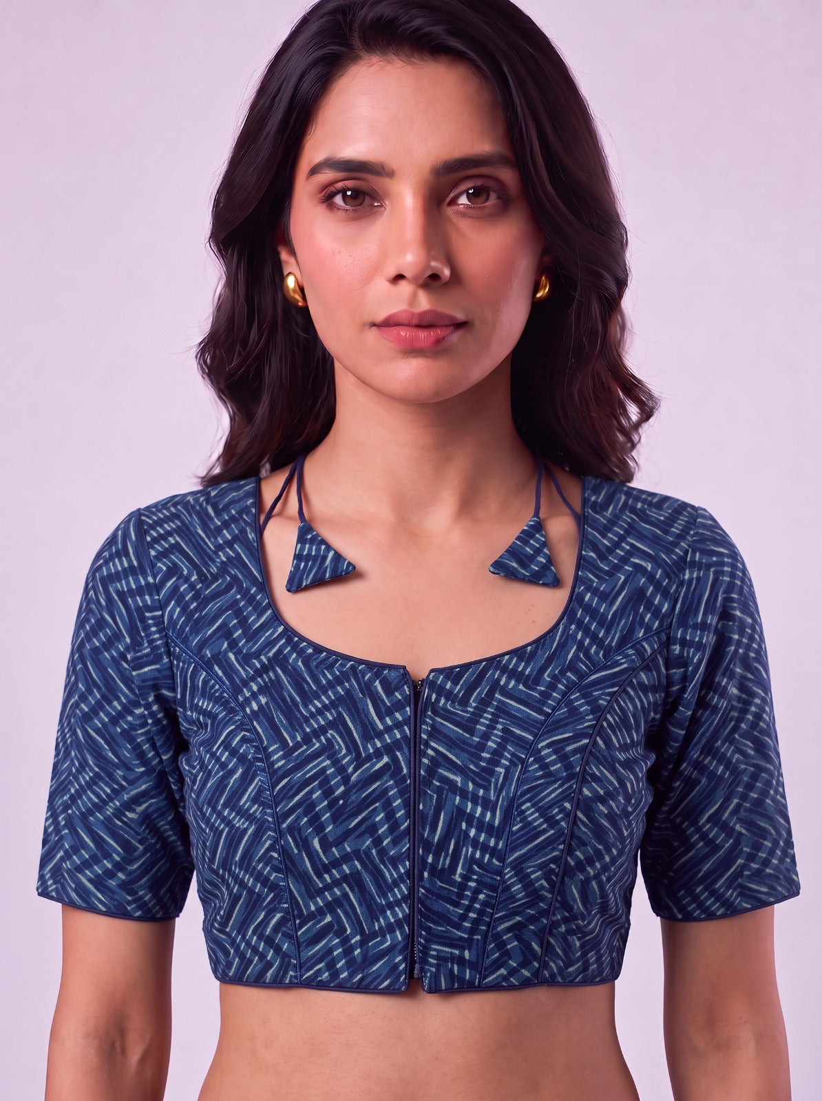 Varnam Indigo Zig-zag Design Readymade Cotton Blouse.