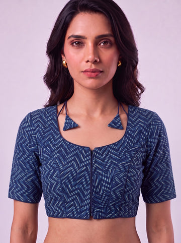 Varnam Indigo Zig-zag Design Readymade Cotton Blouse.