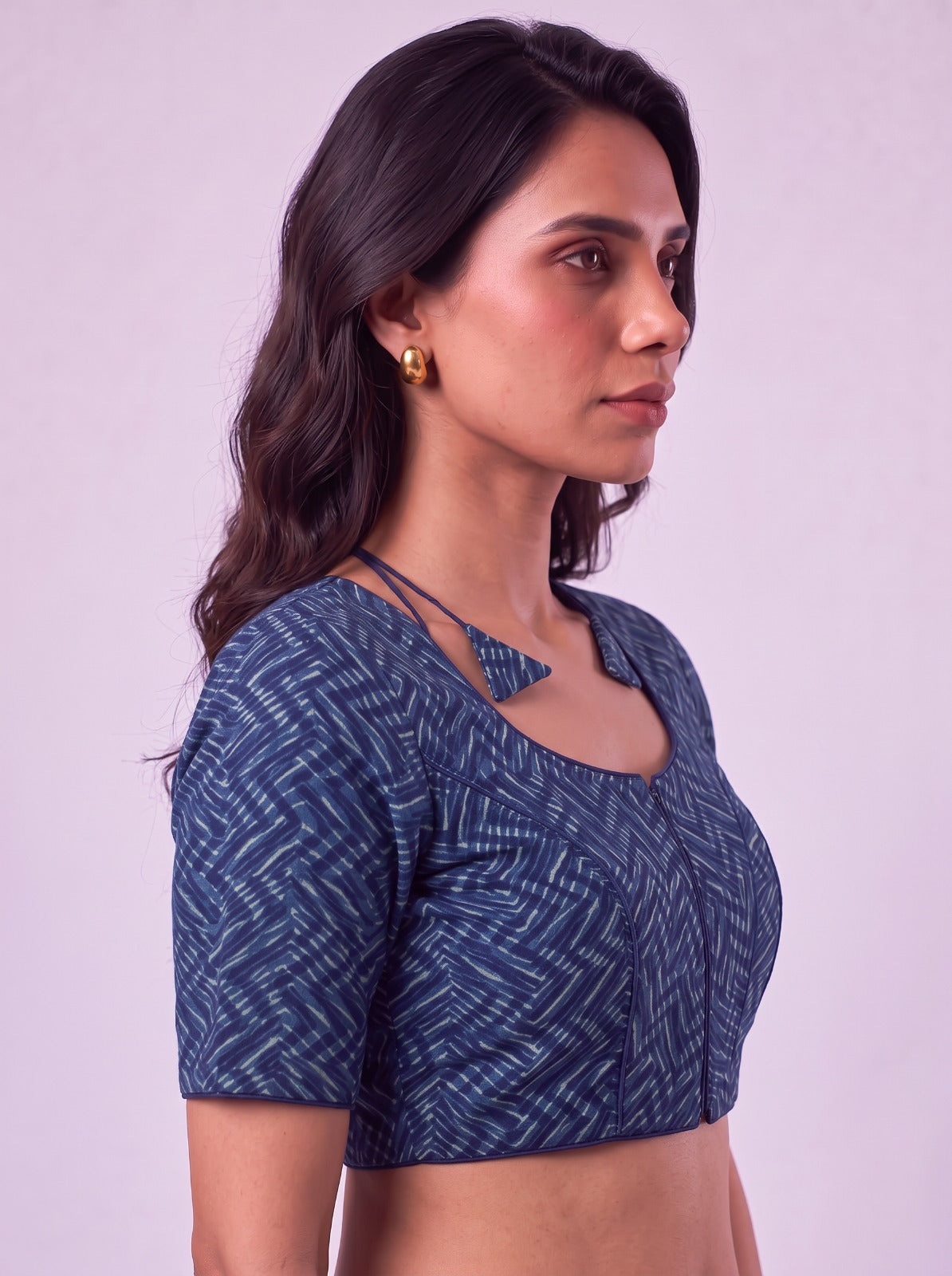 Varnam Indigo Zig-zag Design Readymade Cotton Blouse.