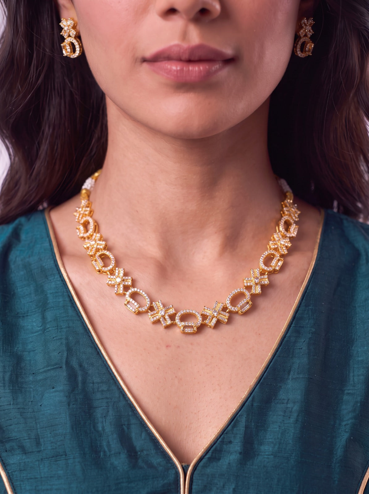 Rose Gold American Diamond Choker With Earrings