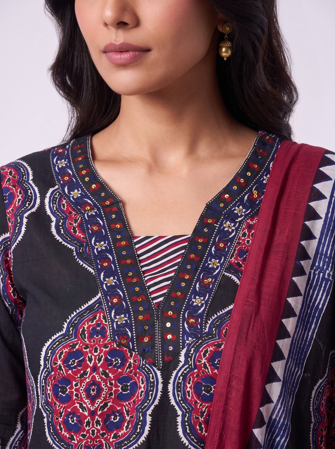 Black And Red Block Print Cotton Salwar Set