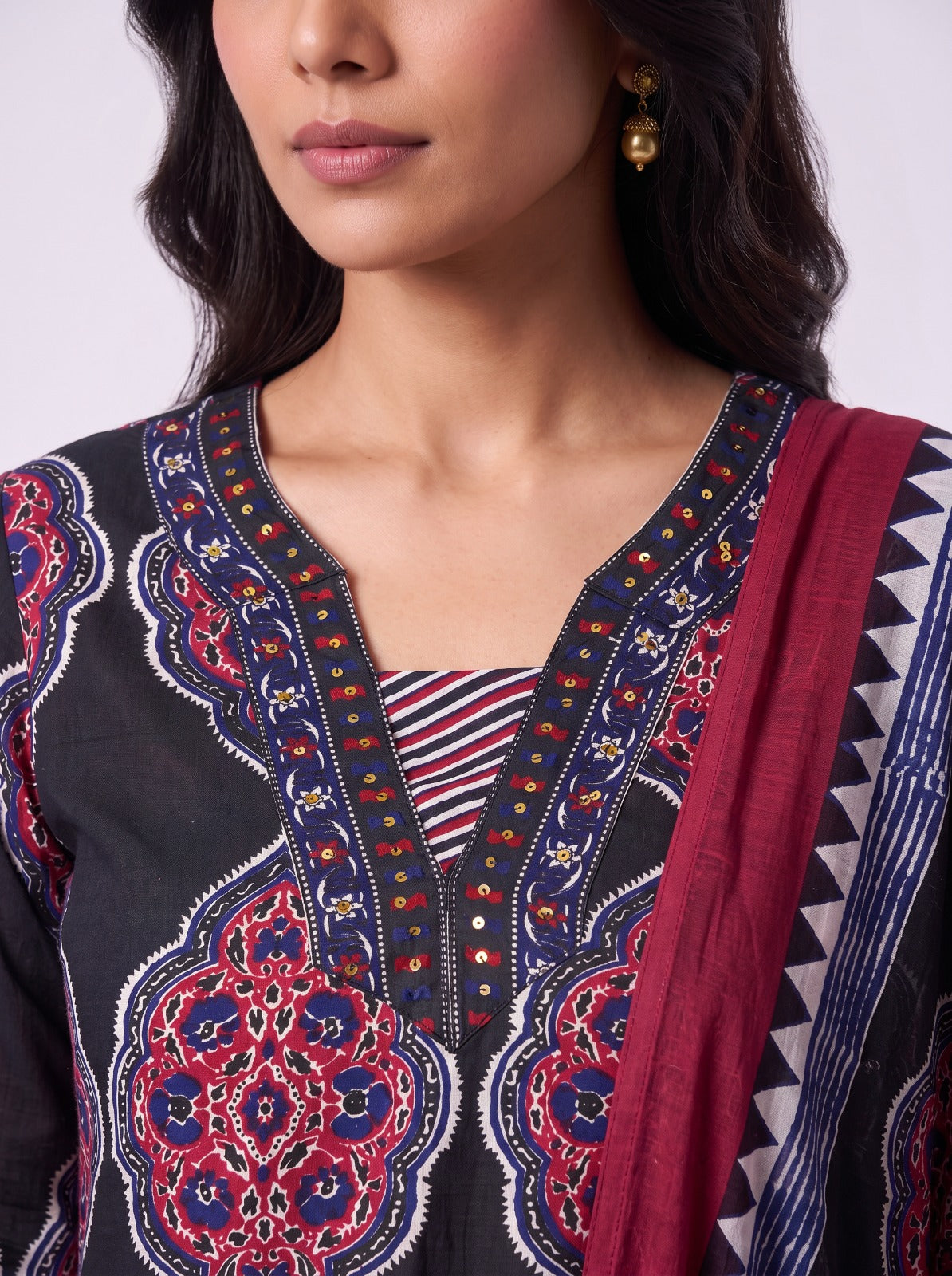 Black And Red Block Print Cotton Salwar Set