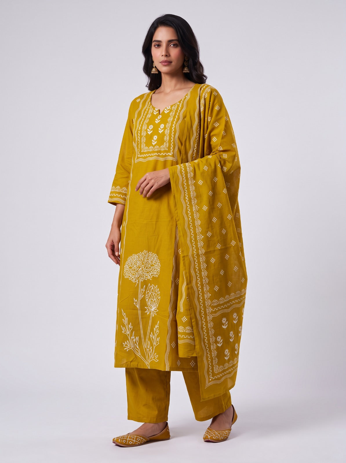 White And Yellow Floral Cotton Salwar Set