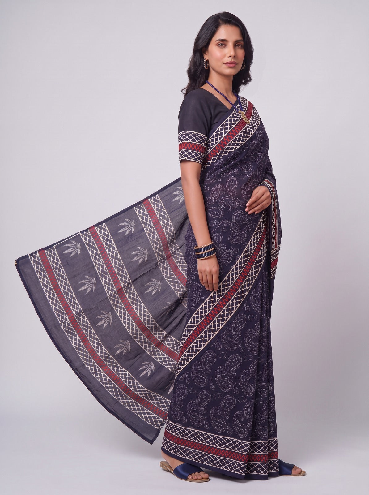 Midnight Ajrakh Motif Mul Cotton Saree