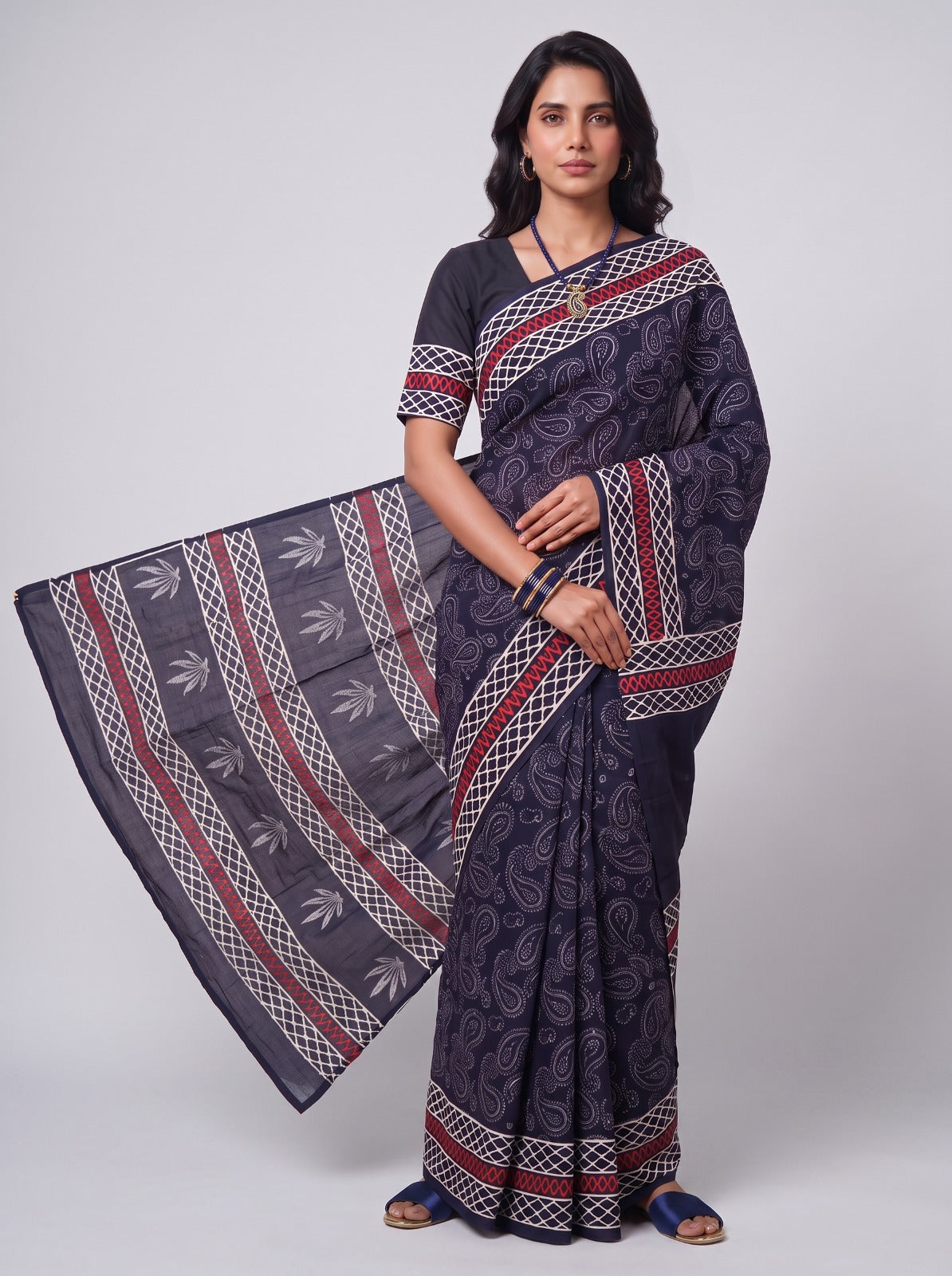 Midnight Ajrakh Motif Mul Cotton Saree
