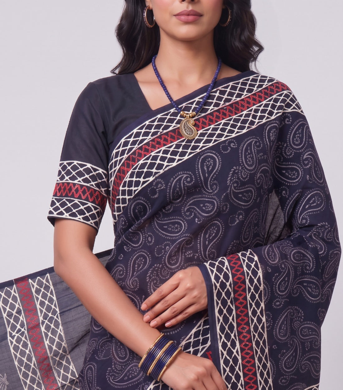 Midnight Ajrakh Motif Mul Cotton Saree