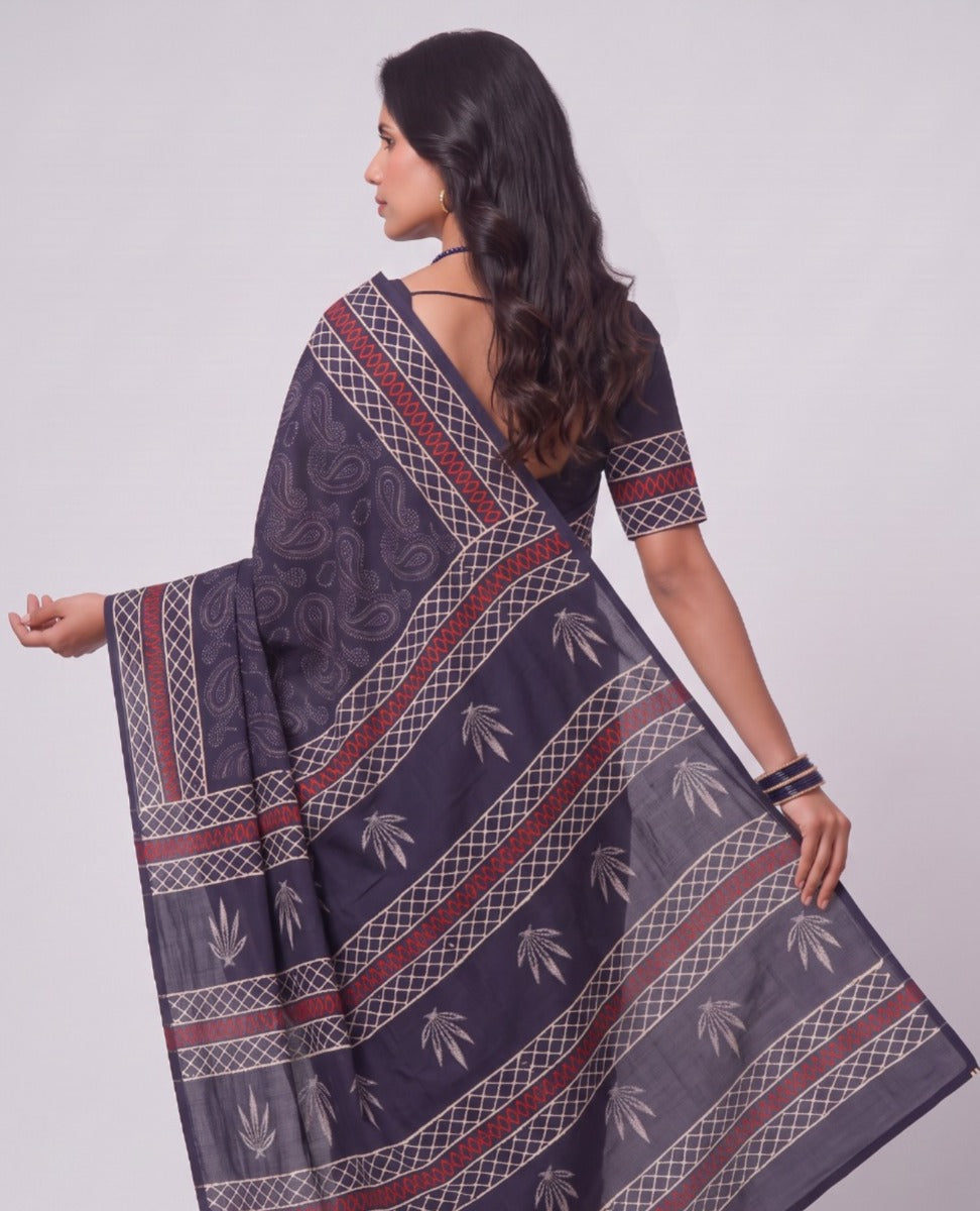 Midnight Ajrakh Motif Mul Cotton Saree