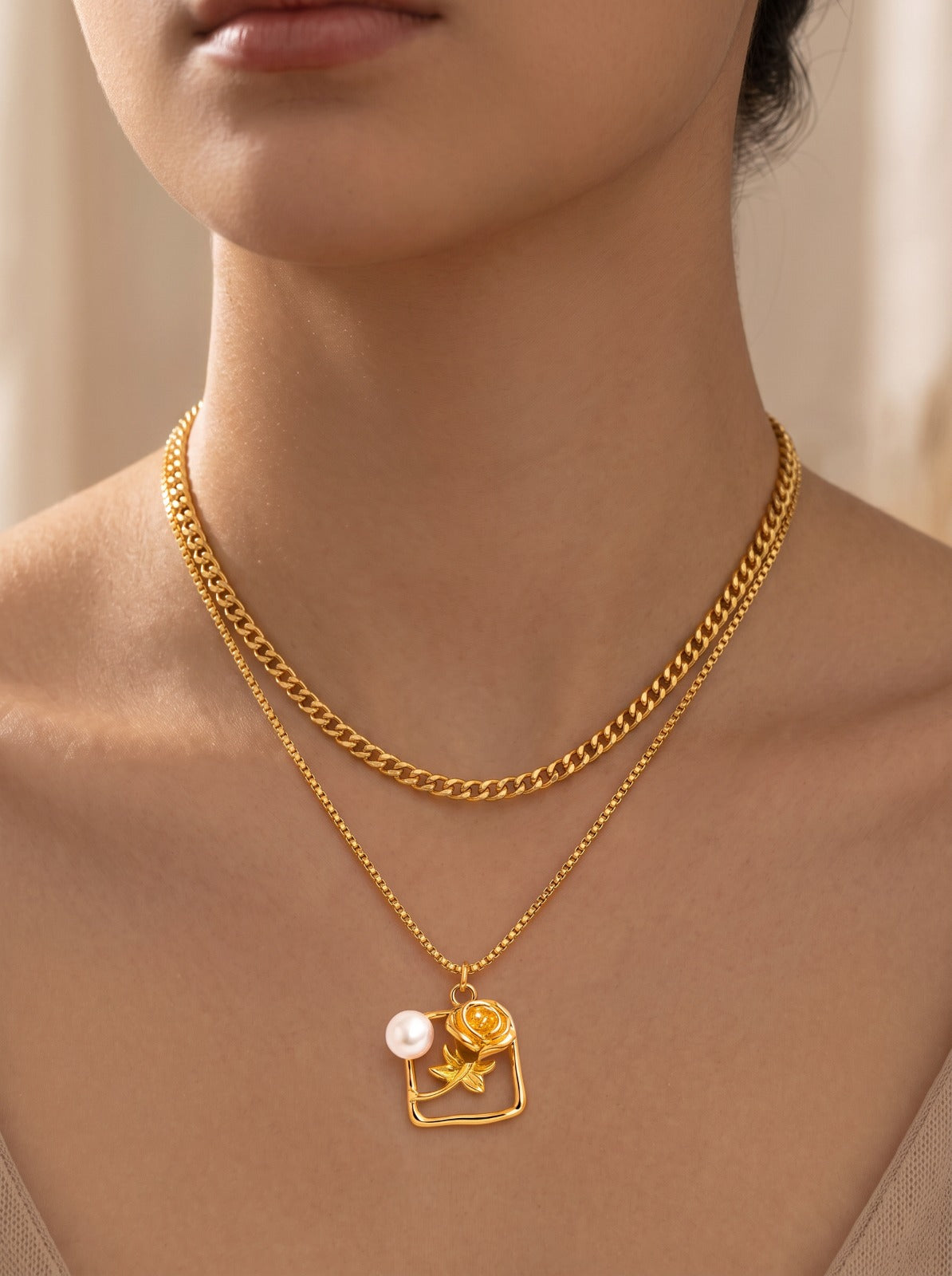 Rose Pearl Double Layered Necklace