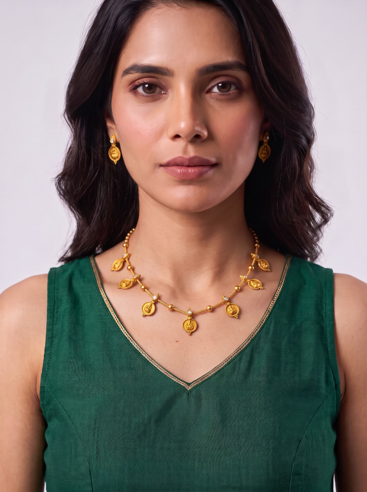 Simple Lakshmi Coin Necklace With Earrings