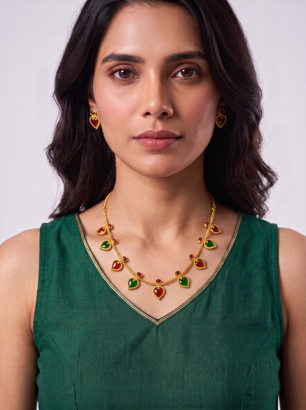Simple Green And Red Nagapada Necklace With Earrings