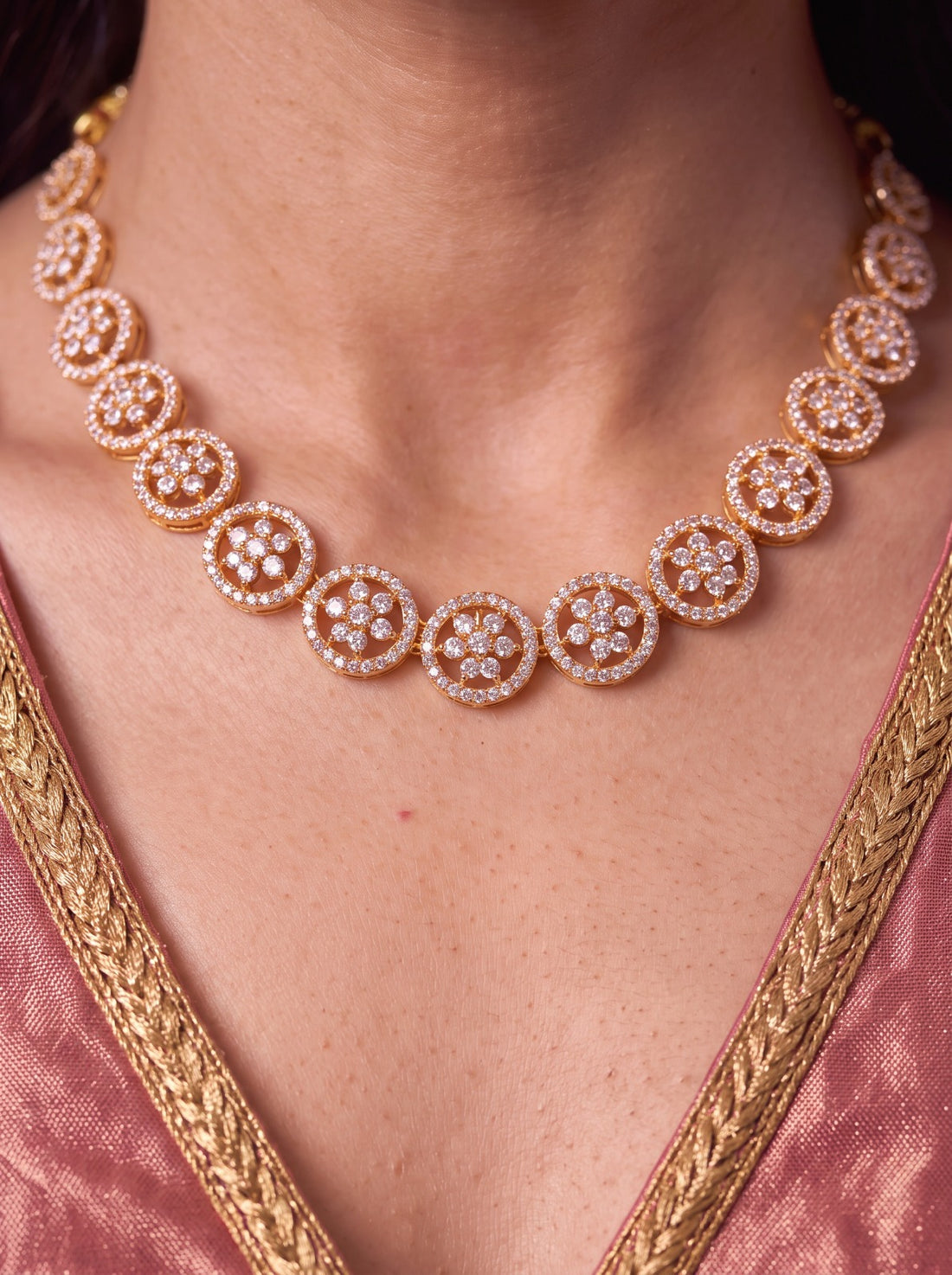 Rose Gold AD Flower Design Choker With Earrings