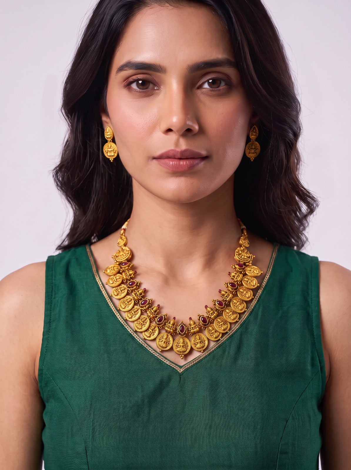 Pink Stone Lakshmi Mala With Earings