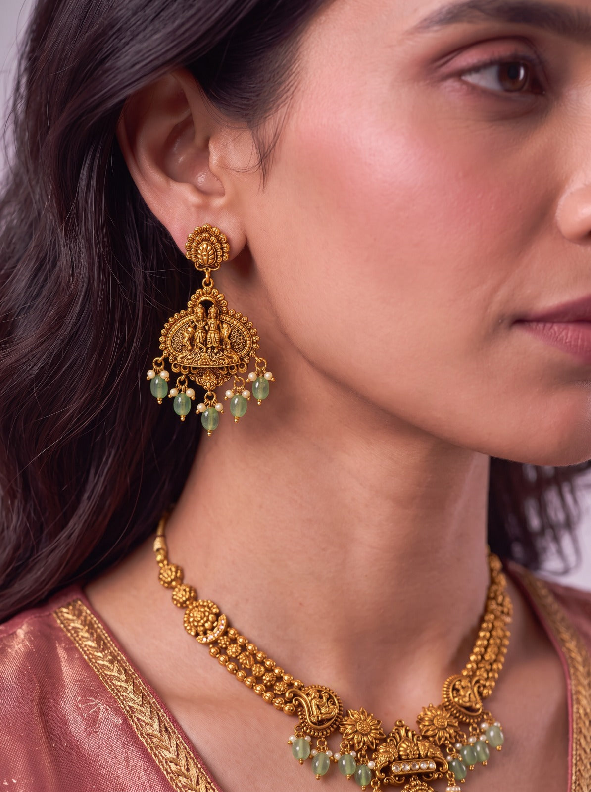 Pastel Green Stone With Krishna Radha Necklace With Earrings