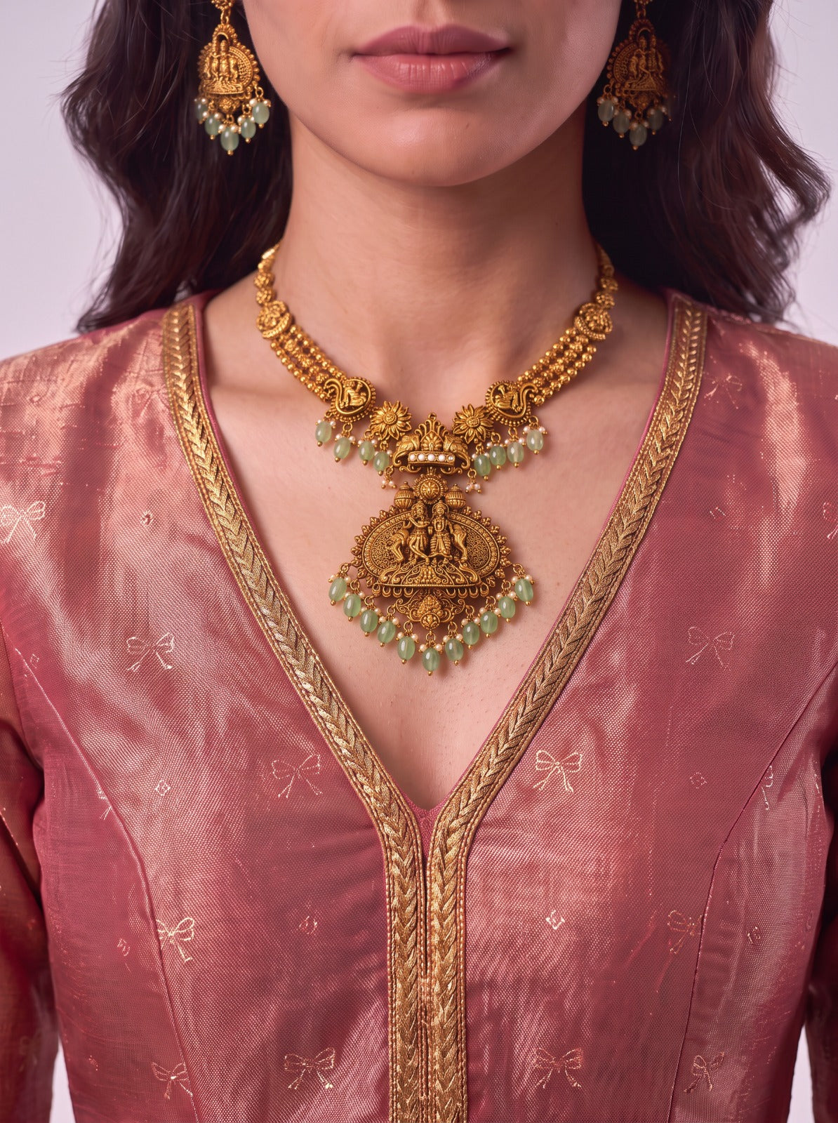 Pastel Green Stone With Krishna Radha Necklace With Earrings
