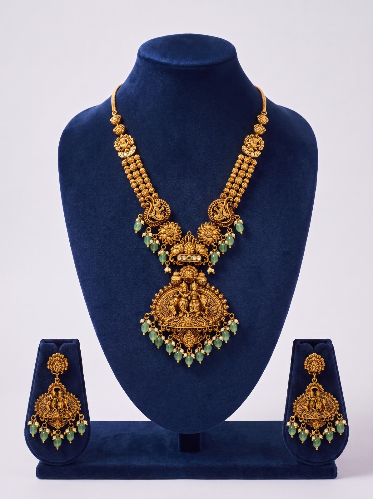 Pastel Green Stone With Krishna Radha Necklace With Earrings