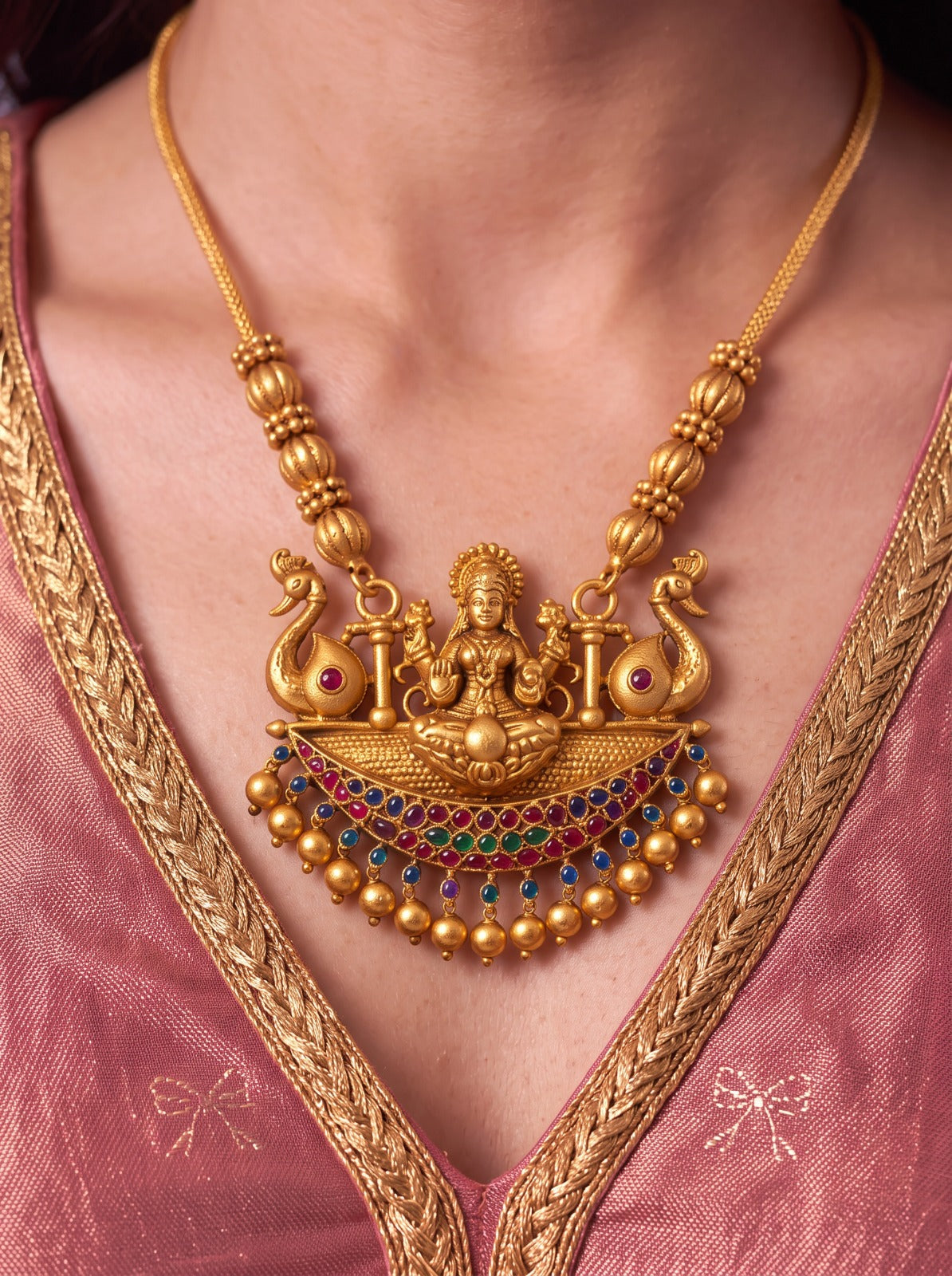 Multistone Lakshmi Peacock Chain With Earrings