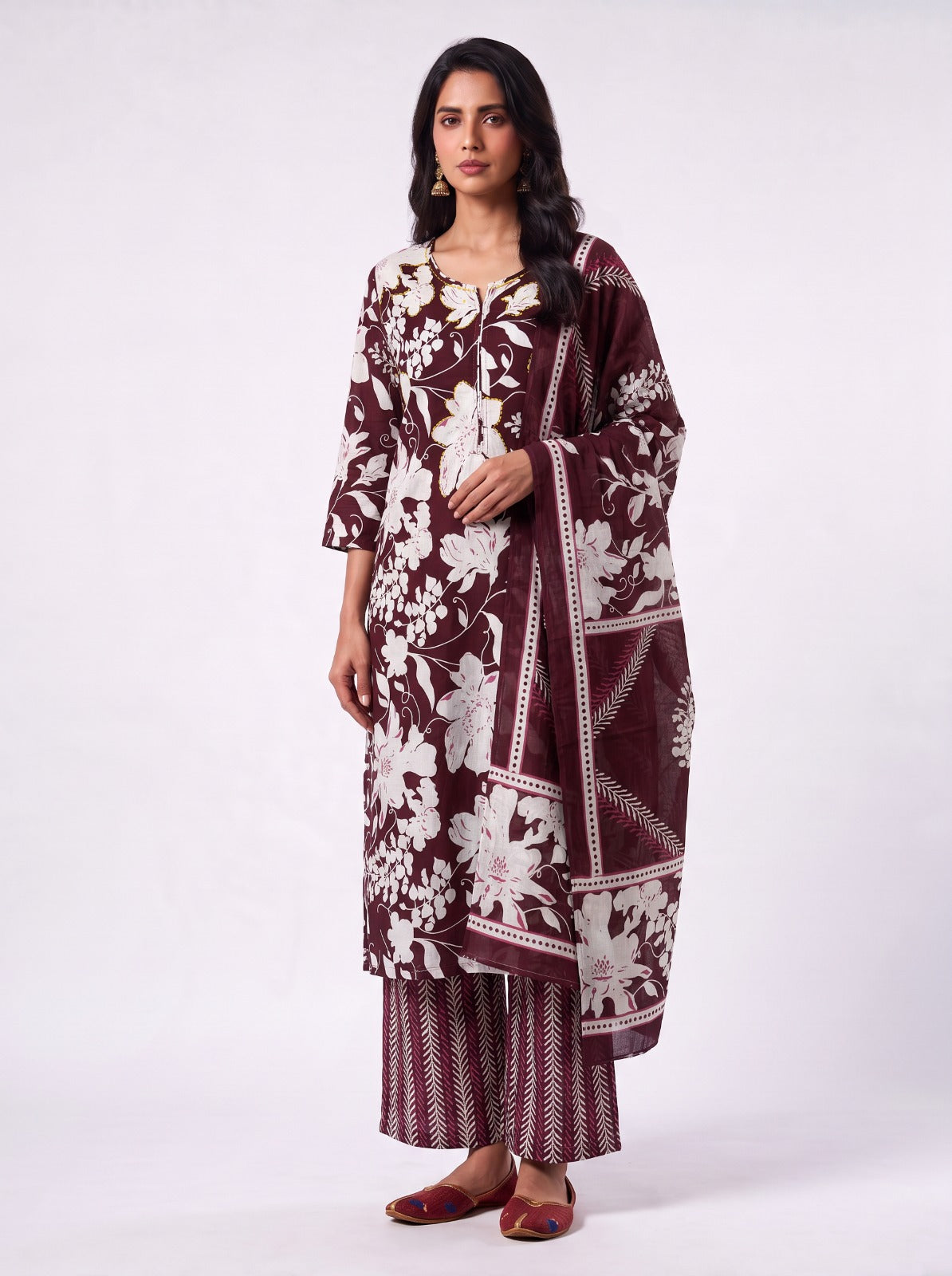 Burgundy Blossom Cotton Kurta Set